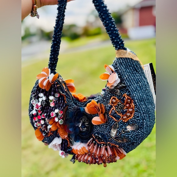 Navy Floral Sequin & Beaded Statement Shoulder Bag – Rare Viral Find ✨ - Picture 4 of 14